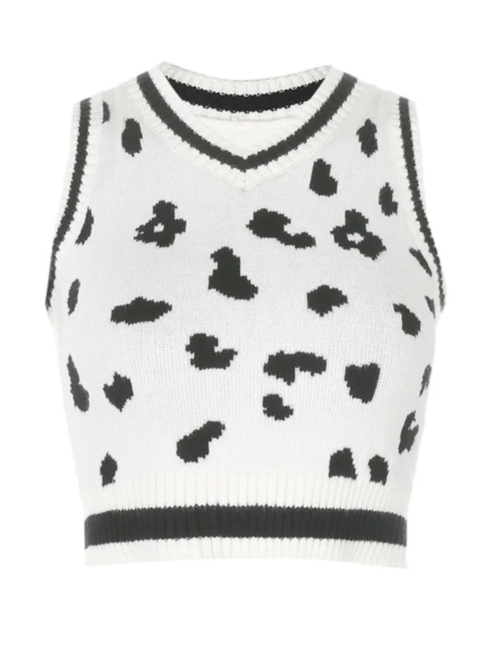 White & Black Leopard Print Knit Cropped Vest